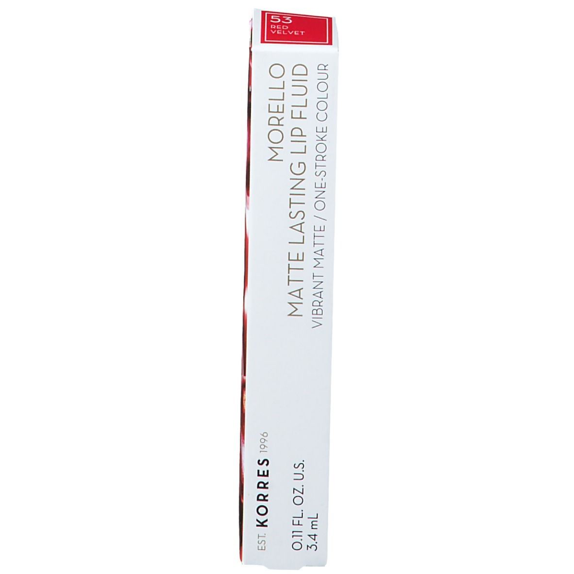 Emballage avec inscription : Morello Matte, 53 Red Velvet, Vibrant Matte / One Stroke Colour, 3,4 ml.