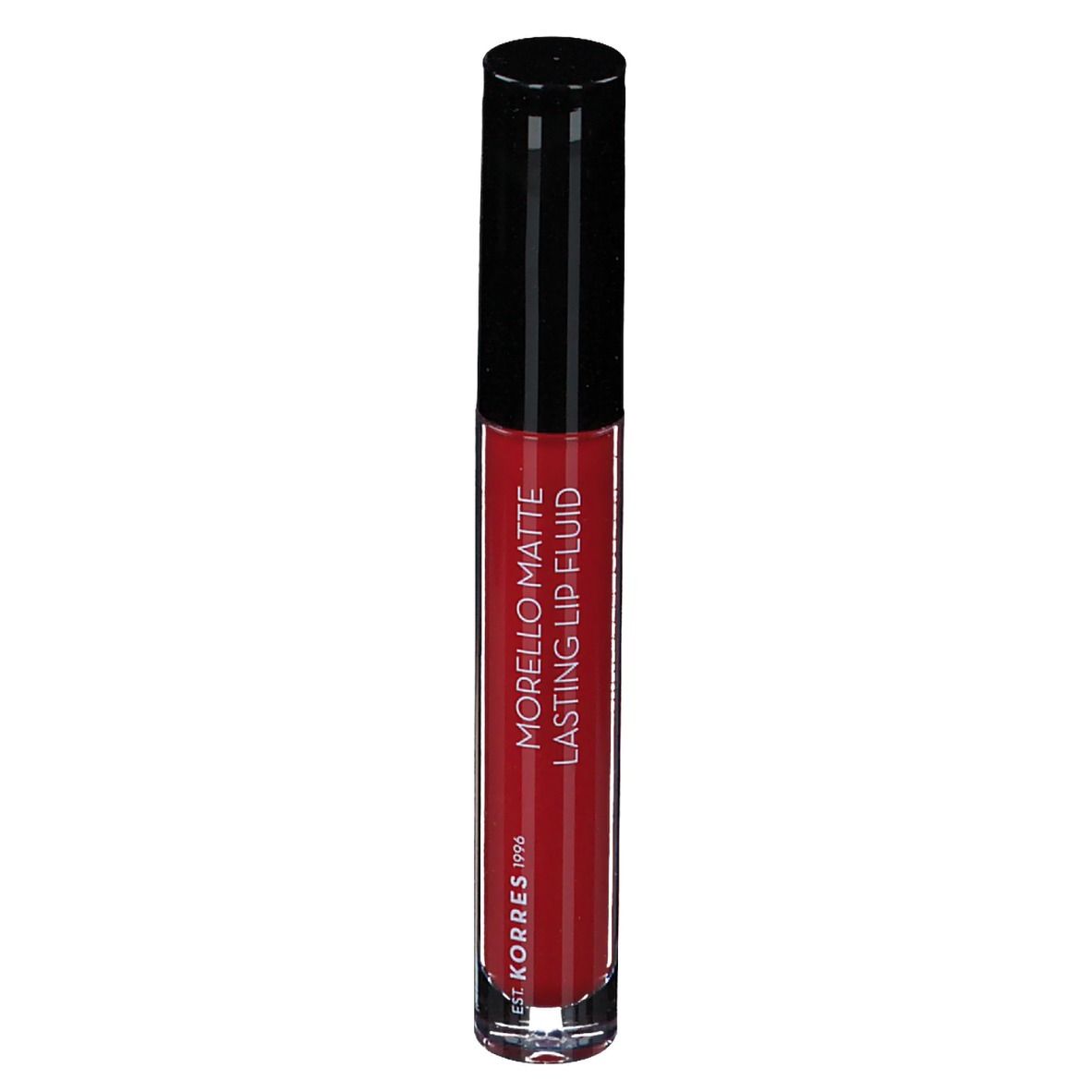 Korres Morello Lip Fluid, rouge brique. Tube avec bouchon noir. Texte: Morello Matte Lasting Lip Fluid.