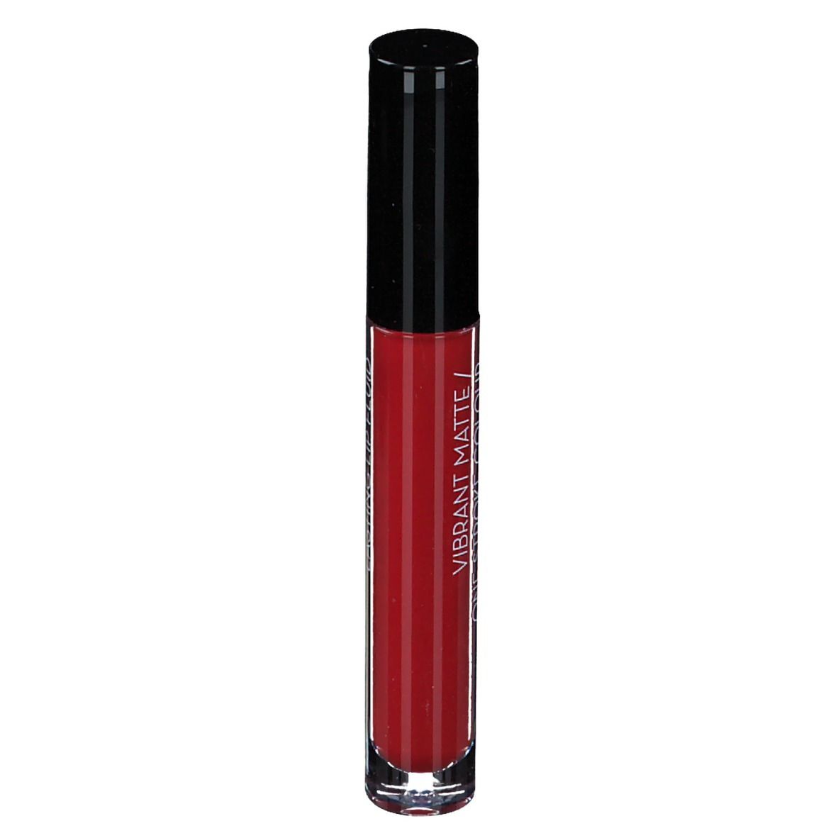 Korres Morello Lip Fluid, rouge brique. Tube avec bouchon noir. Texte: Vibrant Matte / One-Stroke Colour.