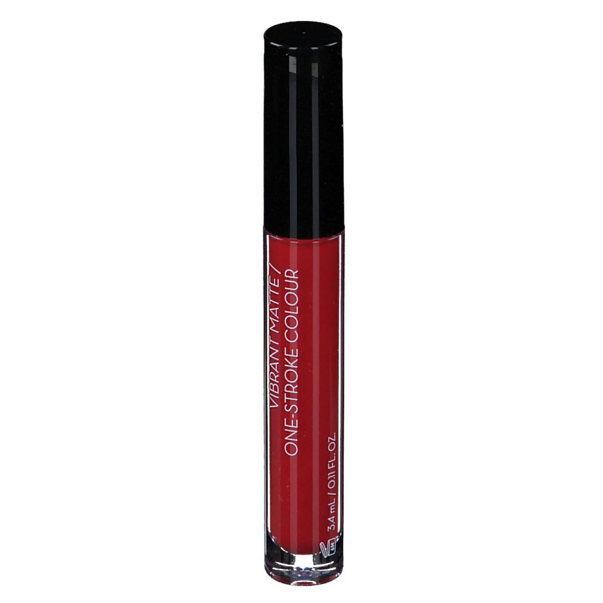 Korres Morello Lip Fluid, rouge brique. Tube avec bouchon noir. Texte: Vibrant Matte / One-Stroke Colour, 3,4 ml.