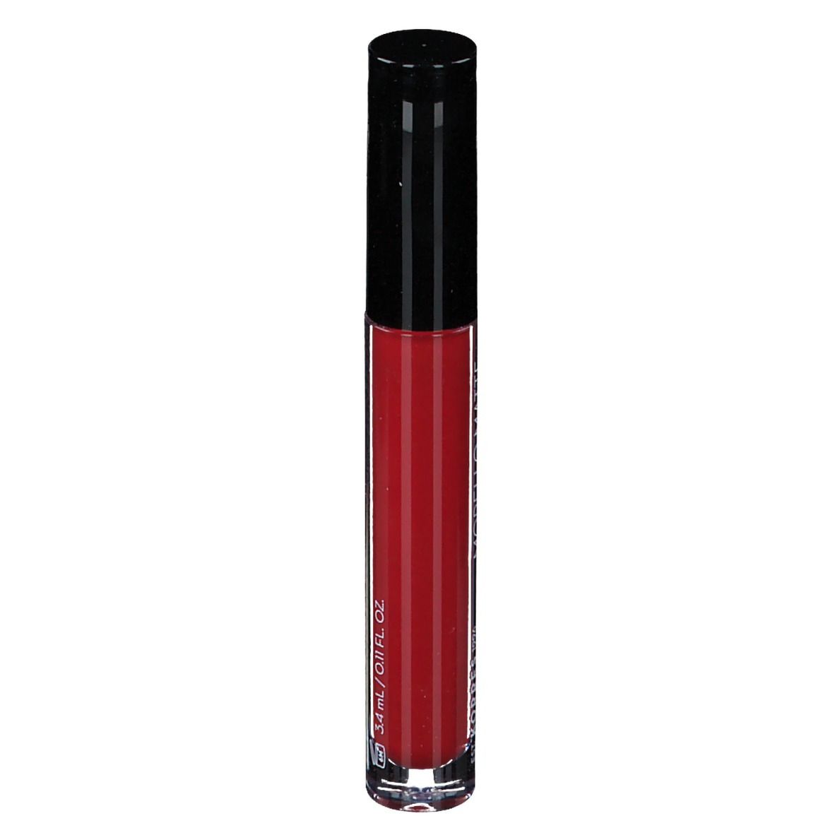 Korres Morello Lip Fluid, rouge brique. Tube avec bouchon noir. Texte: 3,4 ml / 0.11 fl. oz.