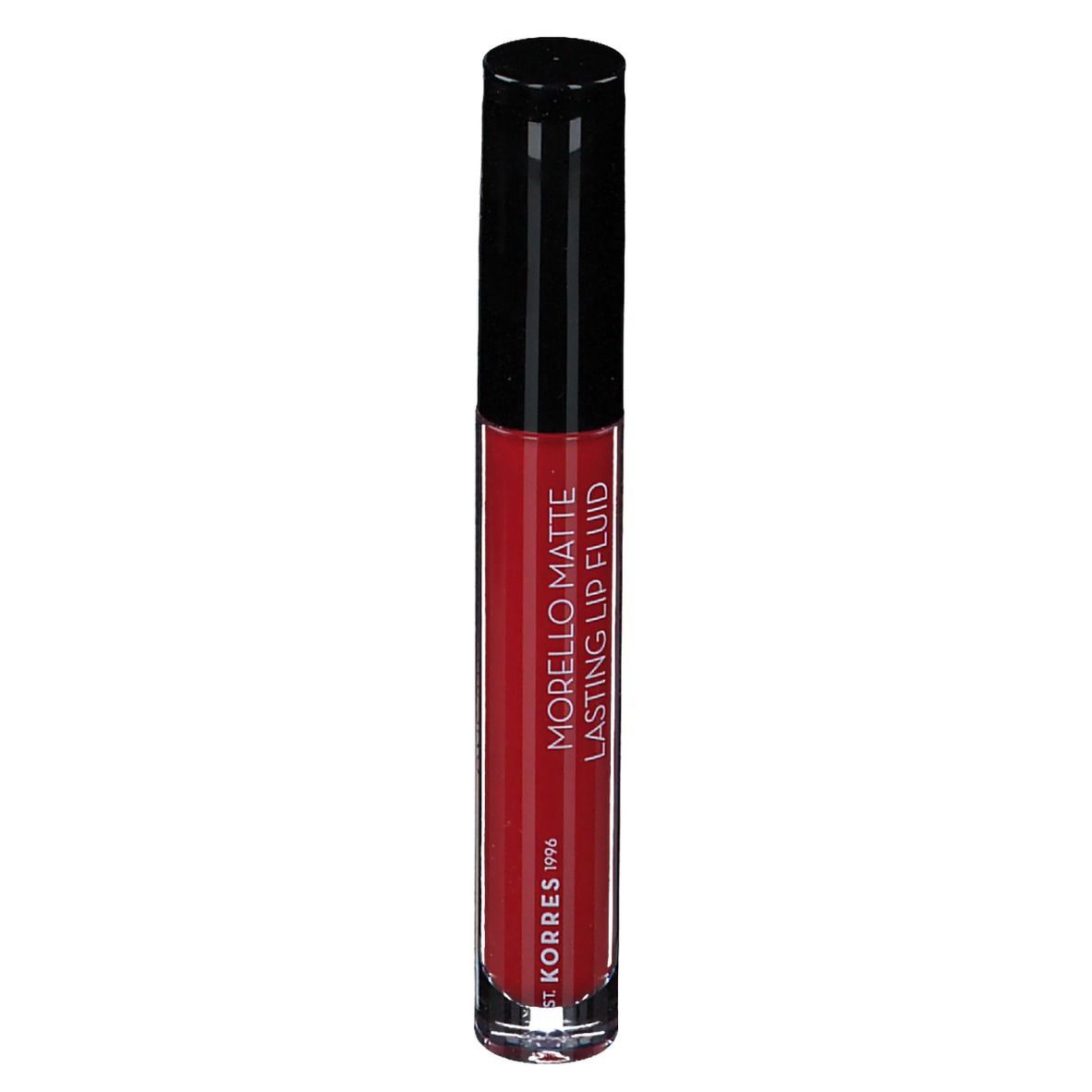 Korres Morello Lip Fluid, rouge brique. Tube avec bouchon noir. Texte: Morello Matte Lasting Lip Fluid.