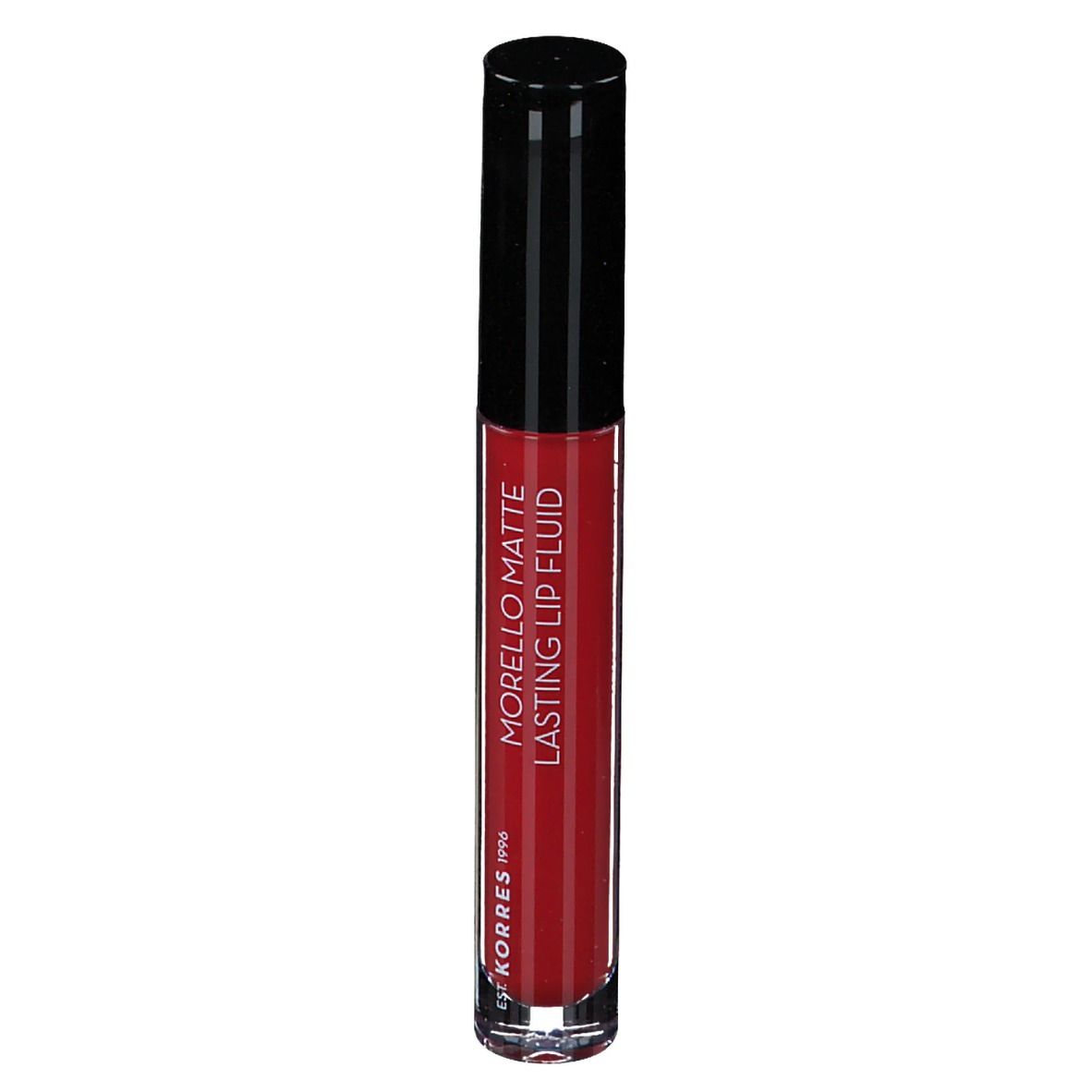 Korres Morello Lip Fluid, rouge brique. Tube avec bouchon noir. Texte: Morello Matte Lasting Lip Fluid.