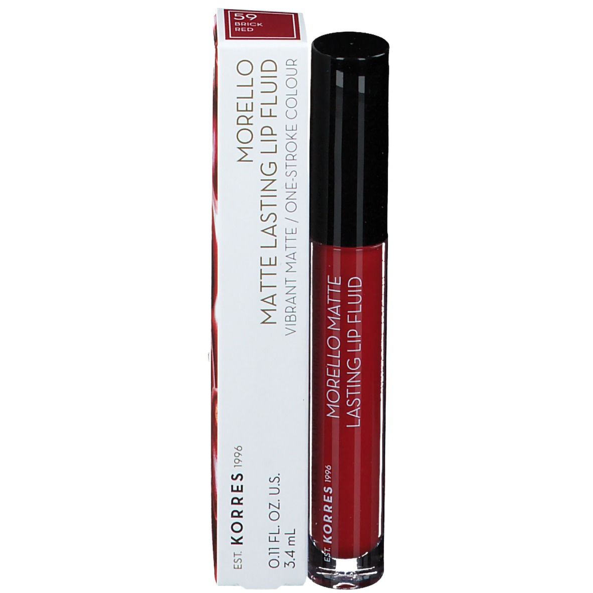 Korres Morello Lip Fluid, rouge brique. Produit et emballage. Texte: Morello, Matte Lasting Lip Fluid, 3,4 ml.