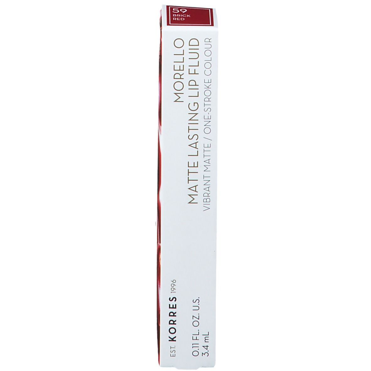 Korres Morello Lip Fluid, rouge brique. Emballage. Texte: Morello, Matte Lasting Lip Fluid, 3,4 ml.