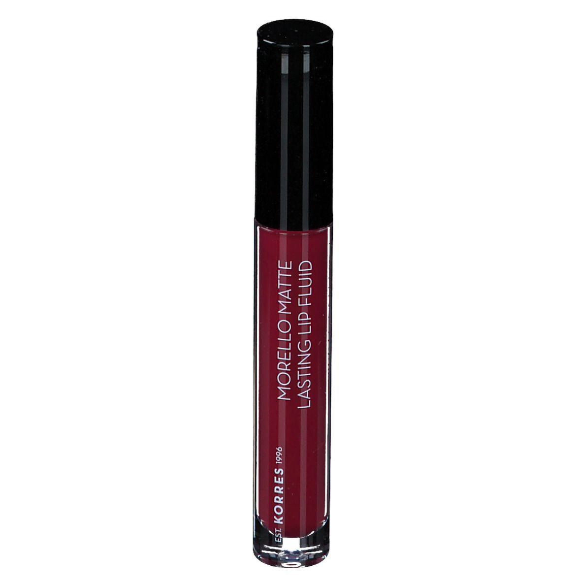 Korres Morello Matte Lip Fluid. Couleur rouge, bouchon noir, flacon transparent.