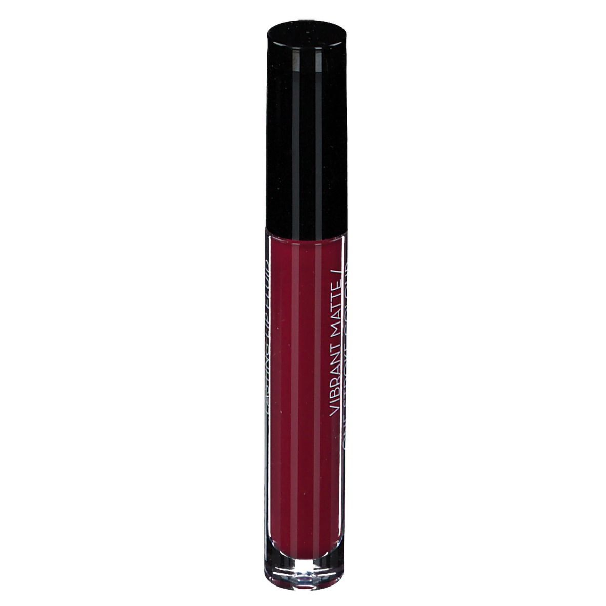 Korres Morello Matte Lip Fluid. Couleur rouge, bouchon noir, flacon transparent.