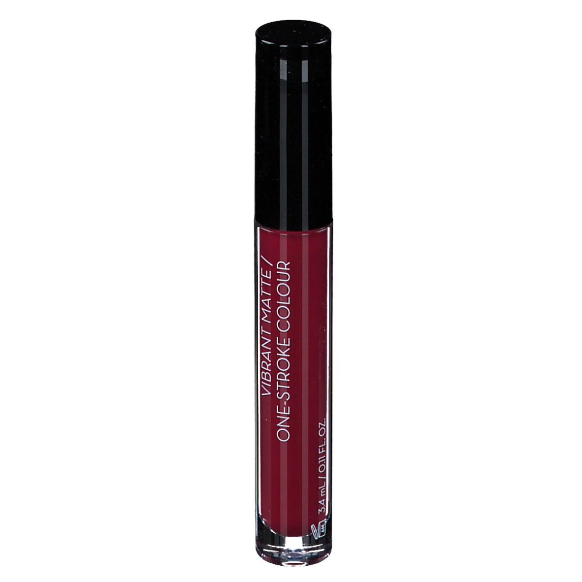 Korres Morello Matte Lip Fluid. Couleur rouge, bouchon noir, flacon transparent.