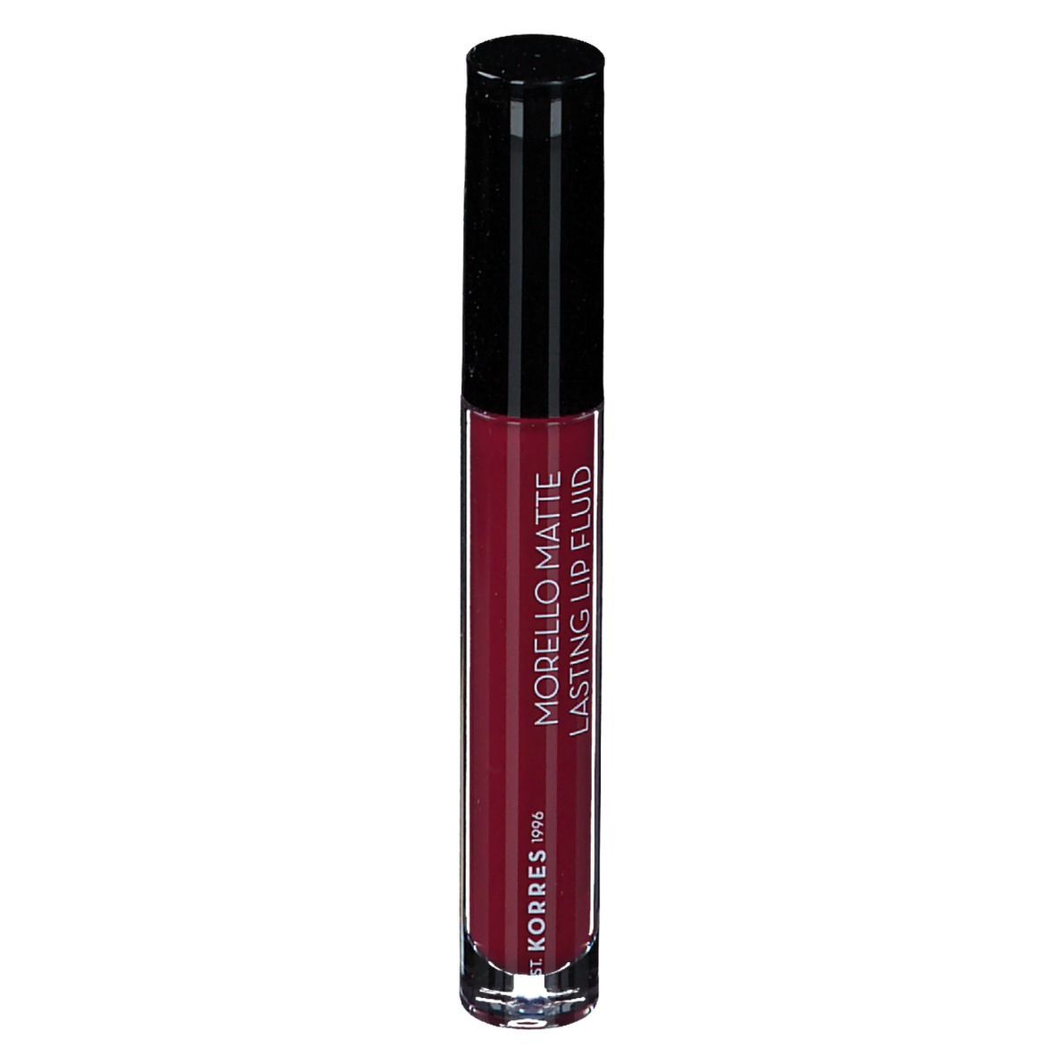 Korres Morello Matte Lip Fluid. Couleur rouge, bouchon noir, flacon transparent.