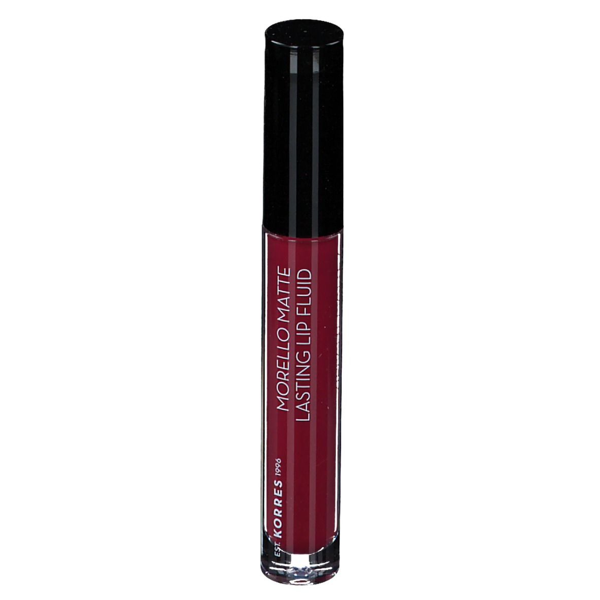 Korres Morello Matte Lip Fluid. Couleur rouge, bouchon noir, flacon transparent.