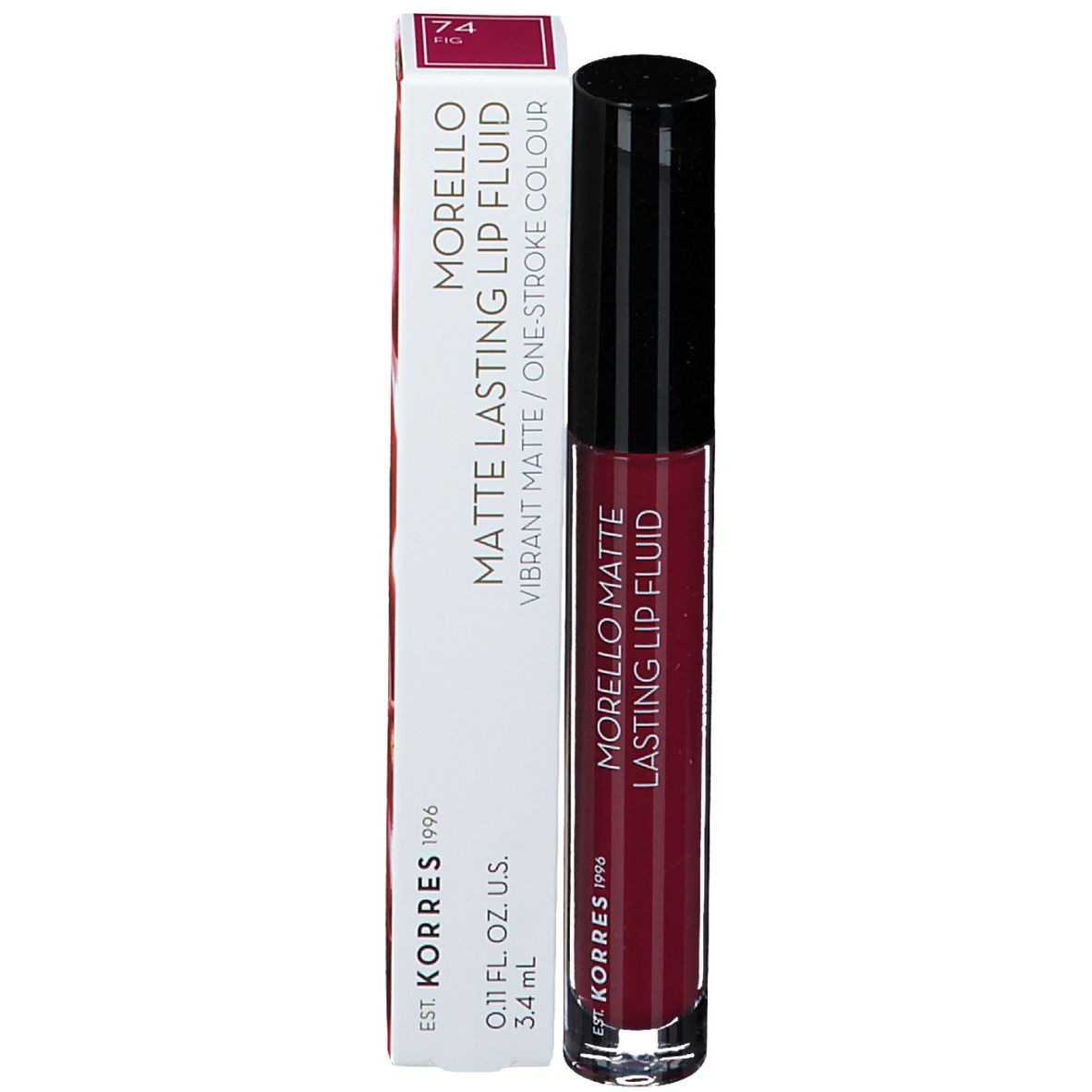 Korres Morello Matte Lip Fluid, emballage et produit. Couleur rouge, bouchon noir.