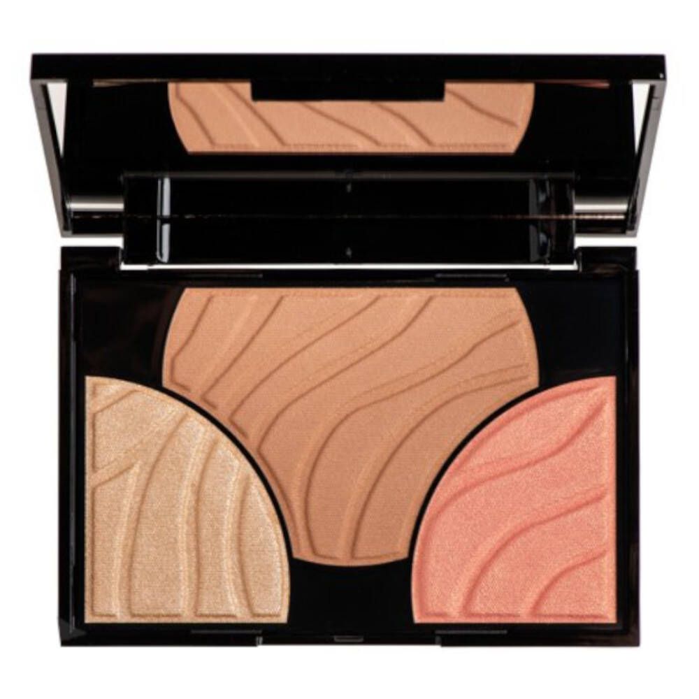 Palette mit drei Farbtönen: hell, bronzefarben und rosa. Schwarzer Deckel mit Spiegel.