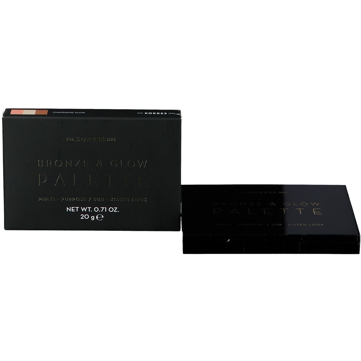 Schwarze Verpackung mit der Aufschrift "BRONZE & GLOW PALETTE".