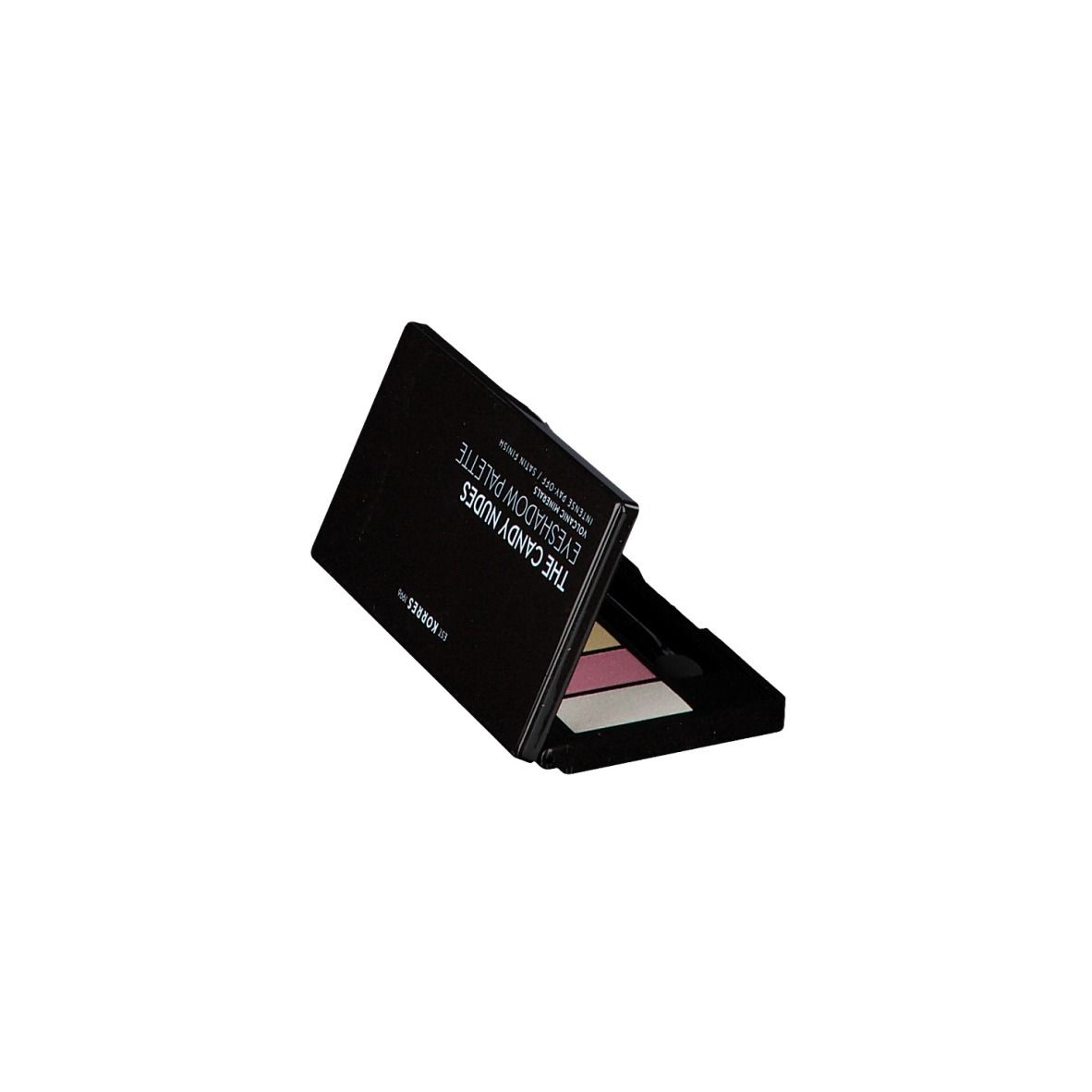 Palette de fards à paupières fermée, cadre noir. Inscription: The Candy Nudes Eyeshadow Palette.