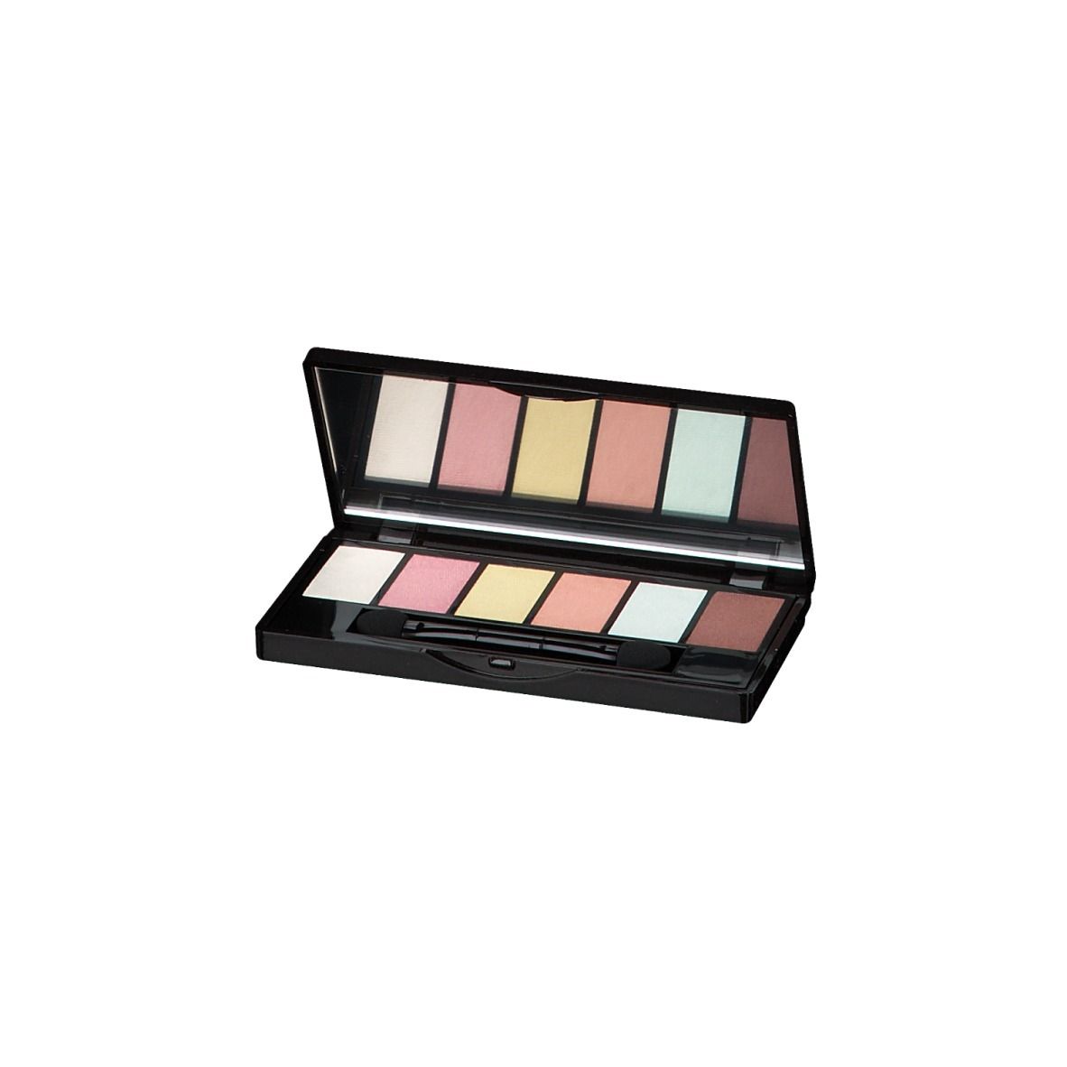 Palette de fards à paupières ouverte, miroir et sept couleurs. Cadre noir.
