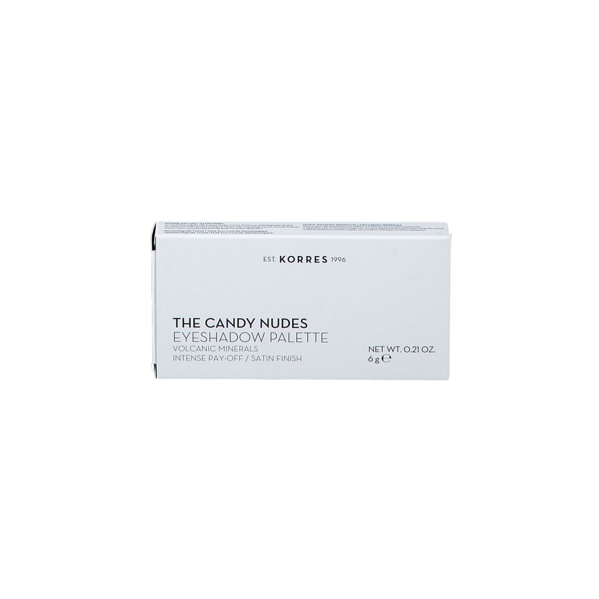 Emballage blanc avec inscription: The Candy Nudes Eyeshadow Palette. Écriture noire.