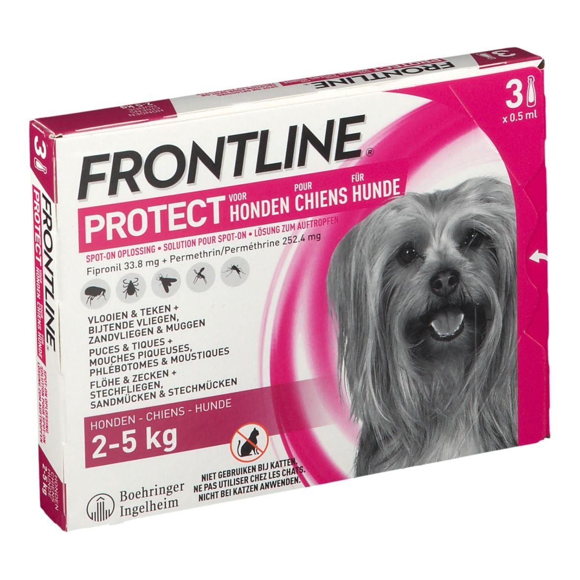 Verpakking FRONTLINE Protect voor honden. Bevat 3 doses. Opschrift: 2-5 kg. Afbeelding van een hond.