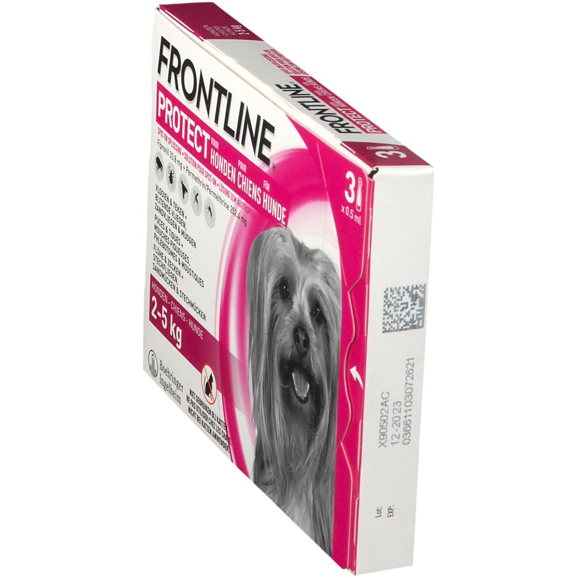 FRONTLINE Protect verpakking voor honden. Zijaanzicht. Bevat 3 doses. Opschrift: 2-5 kg. Hond afbeelding.