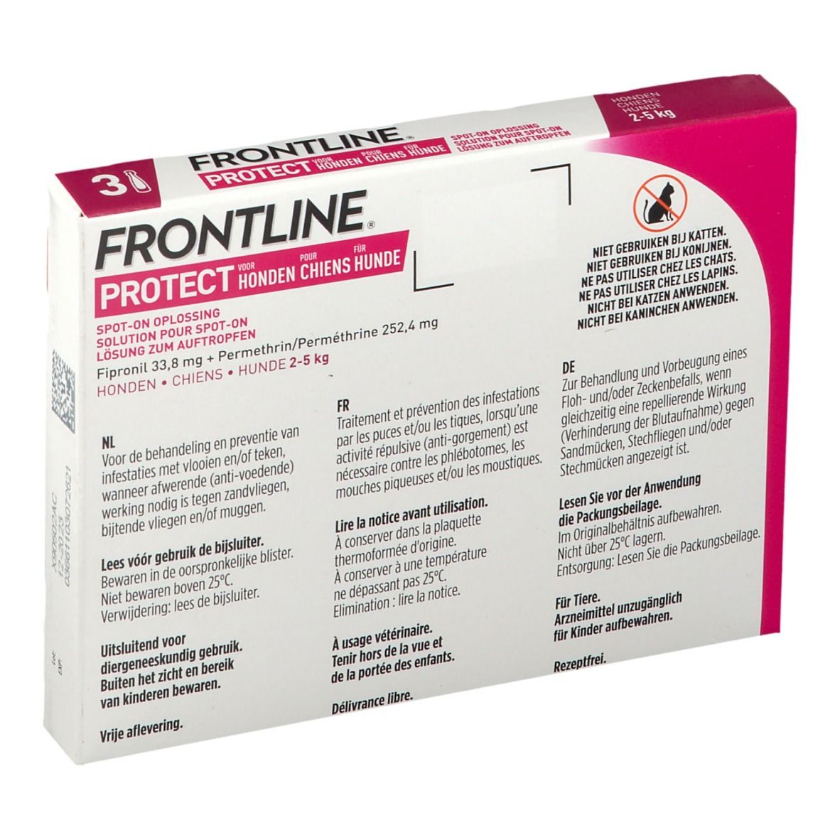 FRONTLINE Protect verpakking voor honden. Achterkant met tekst. Bevat 3 doses. Opschrift: 2-5 kg.