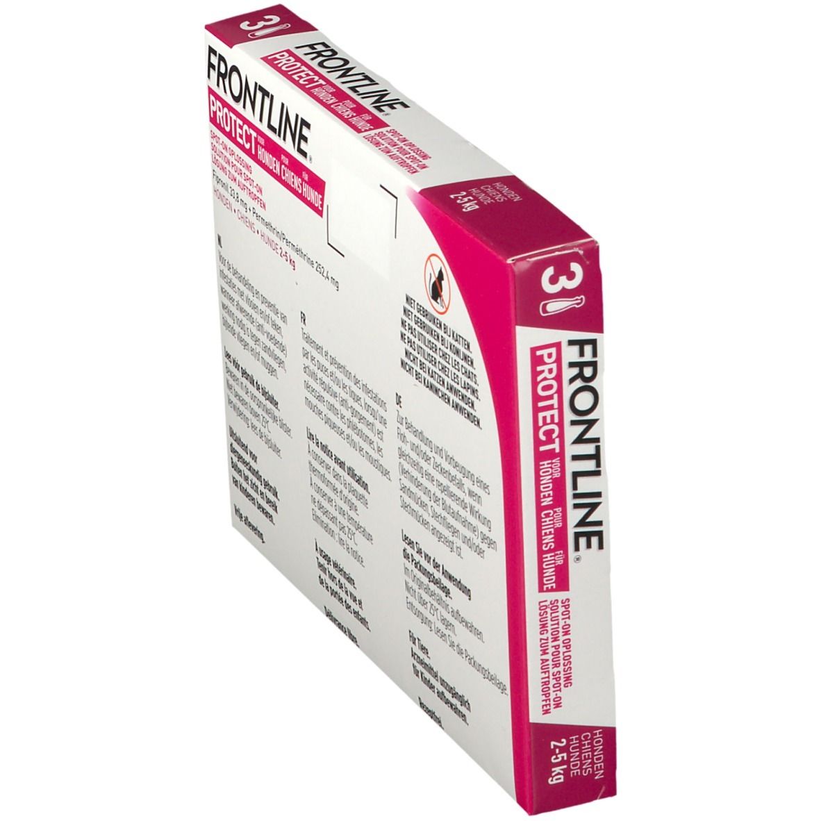 FRONTLINE Protect verpakking voor honden. Zijaanzicht met tekst. Bevat 3 doses. Opschrift: 2-5 kg.