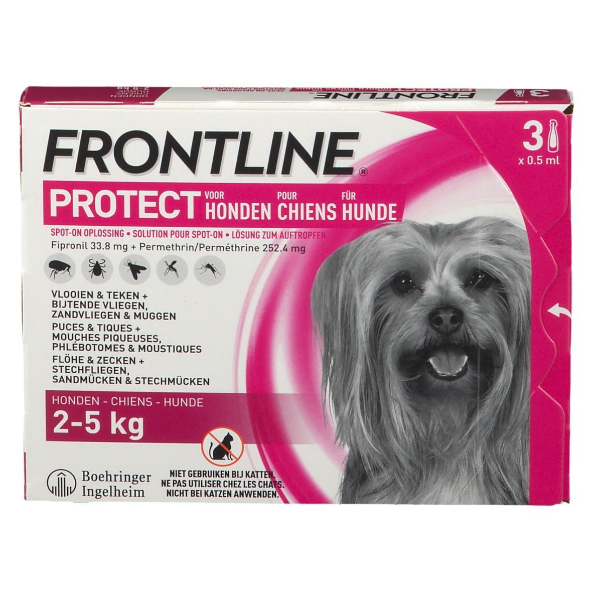 FRONTLINE Protect verpakking voor honden. Bevat 3 doses. Opschrift: 2-5 kg. Afbeelding van een hond.