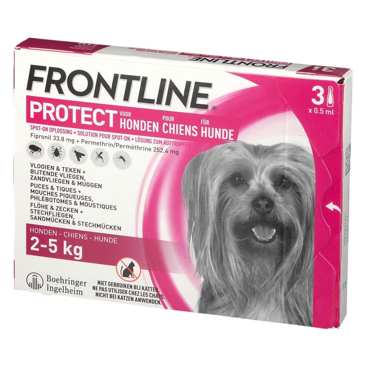 FRONTLINE Protect verpakking voor honden. Bevat 3 doses. Opschrift: 2-5 kg. Afbeelding van een hond.