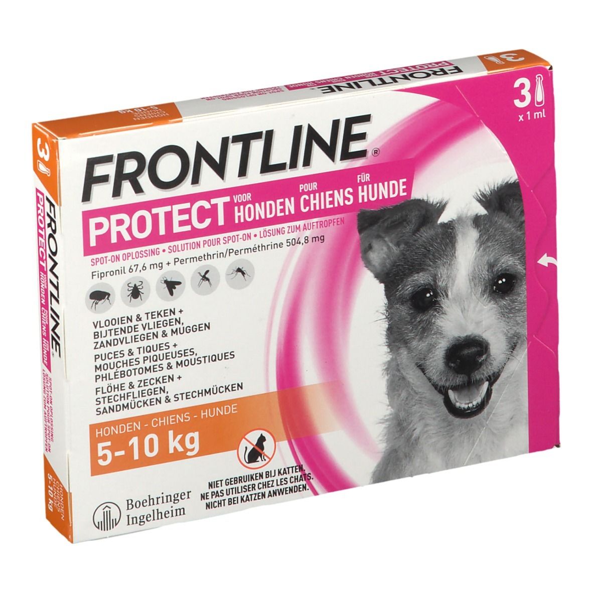 Verpakking FRONTLINE Protect voor honden. Bevat 3 x 1 ml. Voor honden van 5-10 kg. Met foto van hond.