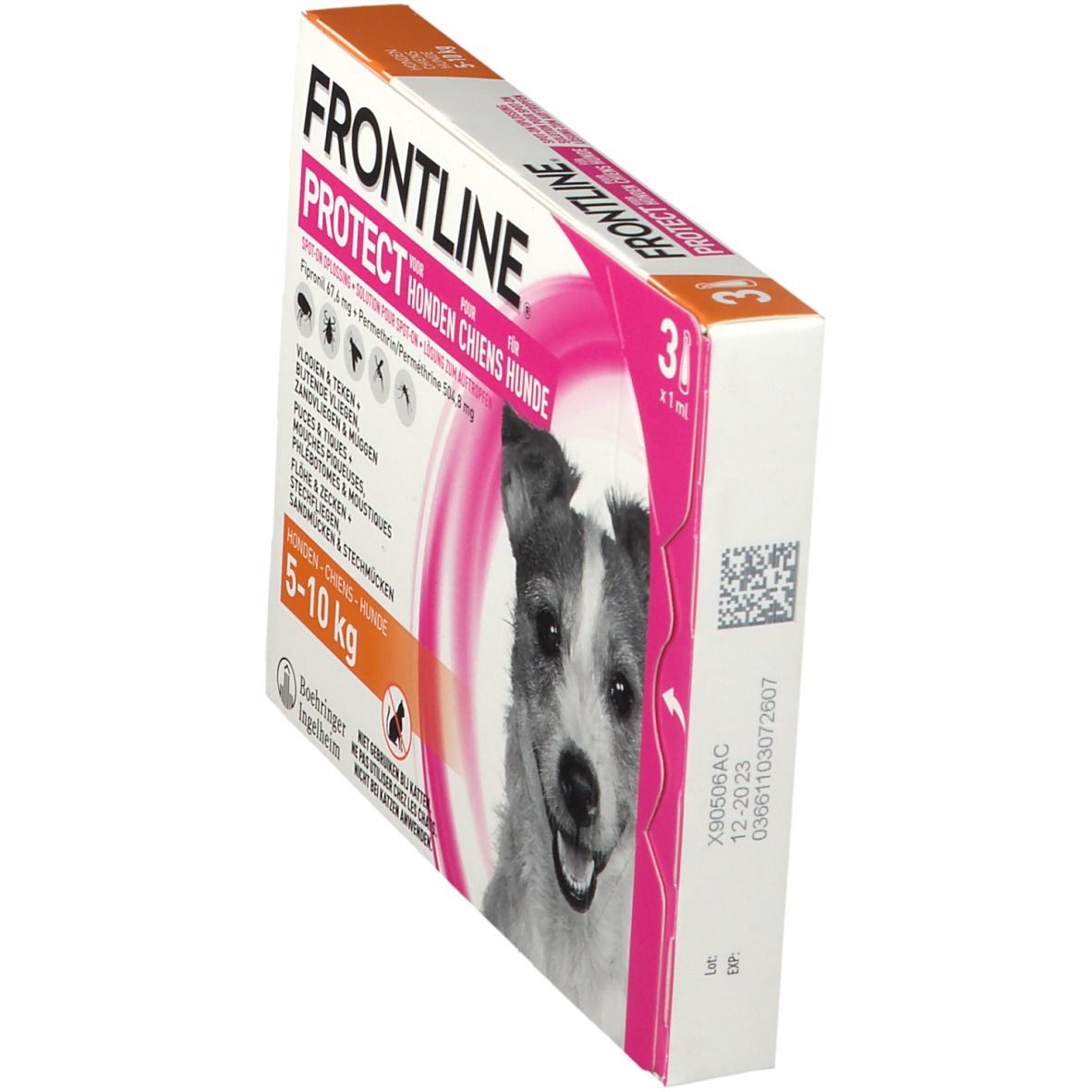 FRONTLINE Protect verpakking, 3 x 1 ml. Voor honden van 5-10 kg. Roze en oranje design. Met foto van hond.