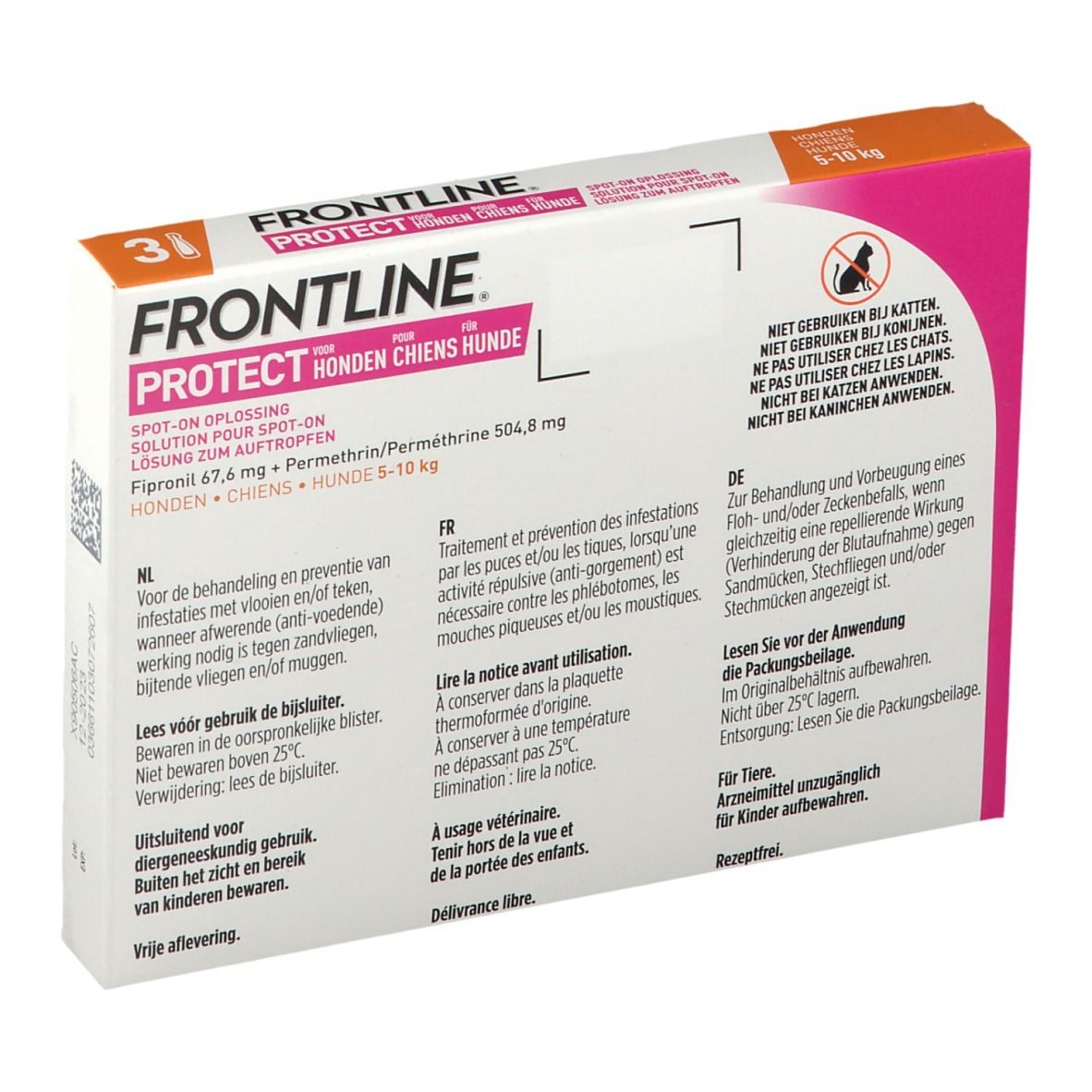 FRONTLINE Protect verpakking. Bevat 3 x 1 ml. Voor honden van 5-10 kg. Tekst in Duits, Frans, Nederlands.