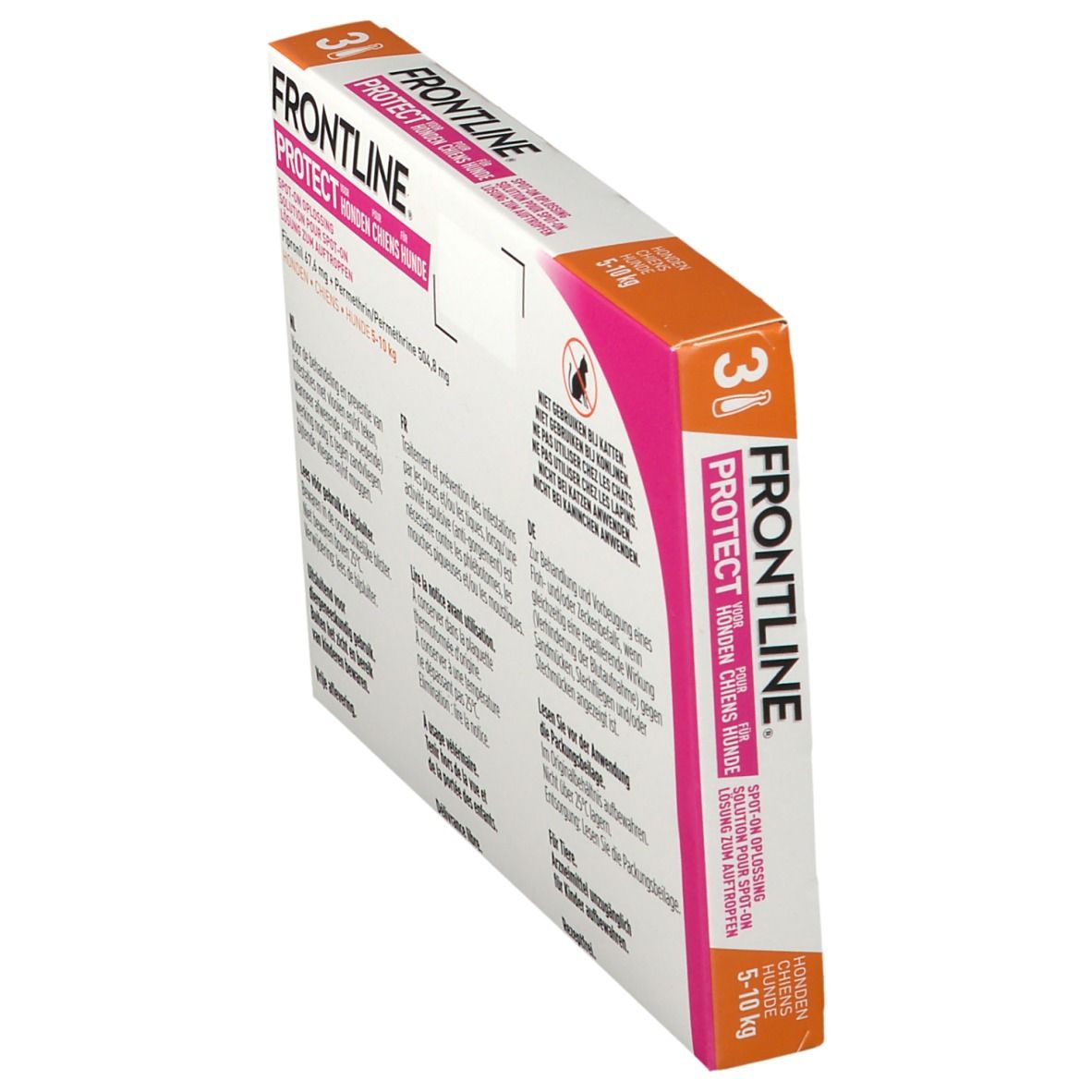 FRONTLINE Protect verpakking, 3 x 1 ml. Voor honden van 5-10 kg. Roze en oranje design. Zijaanzicht.