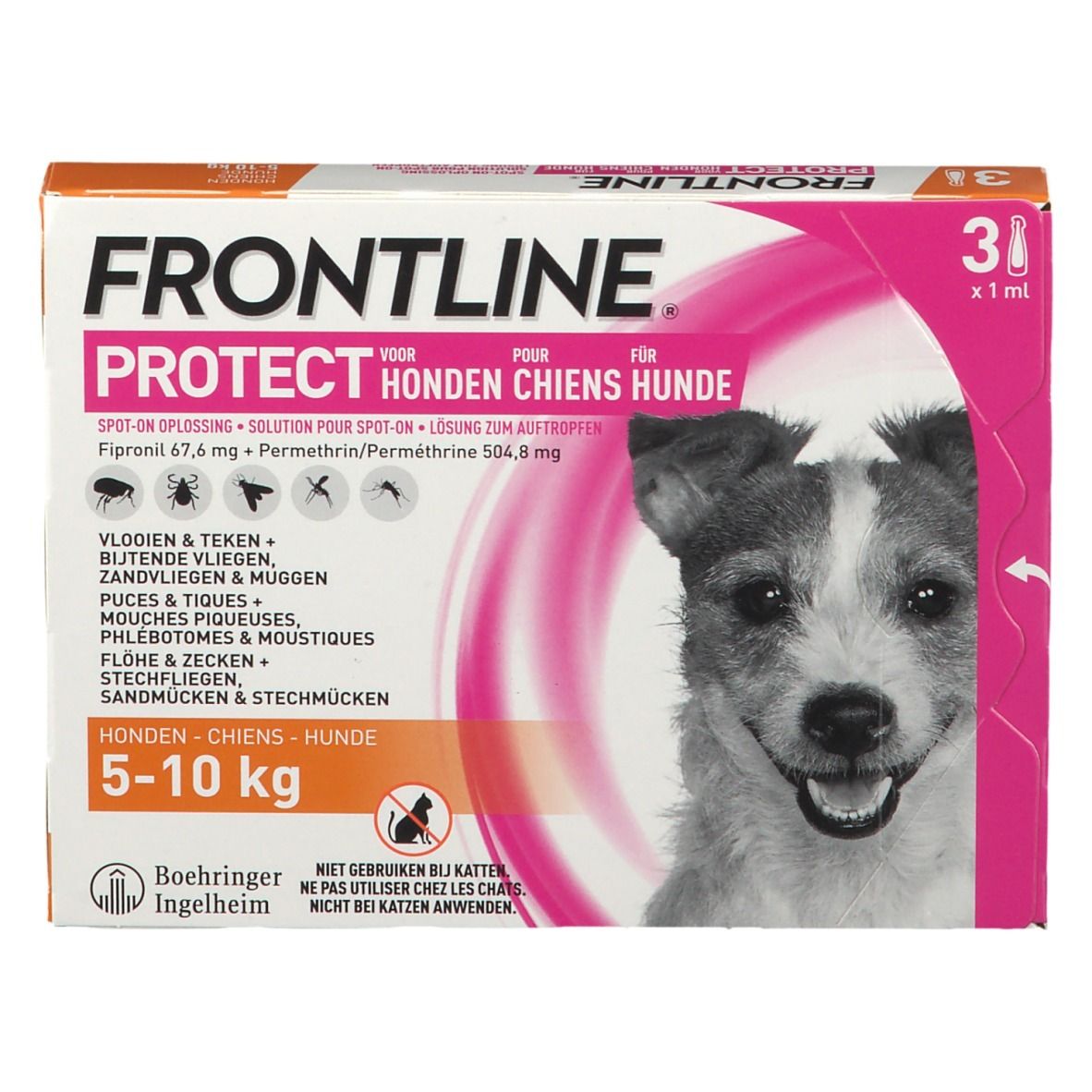 FRONTLINE Protect verpakking voor honden. Bevat 3 x 1 ml. Voor honden van 5-10 kg. Met foto van hond.