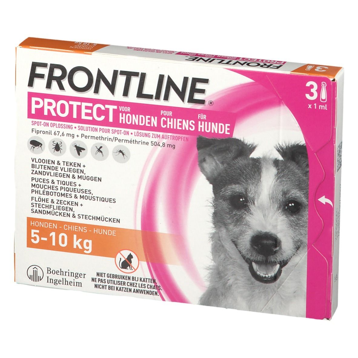 FRONTLINE Protect verpakking voor honden. Bevat 3 x 1 ml. Voor honden van 5-10 kg. Met foto van hond.