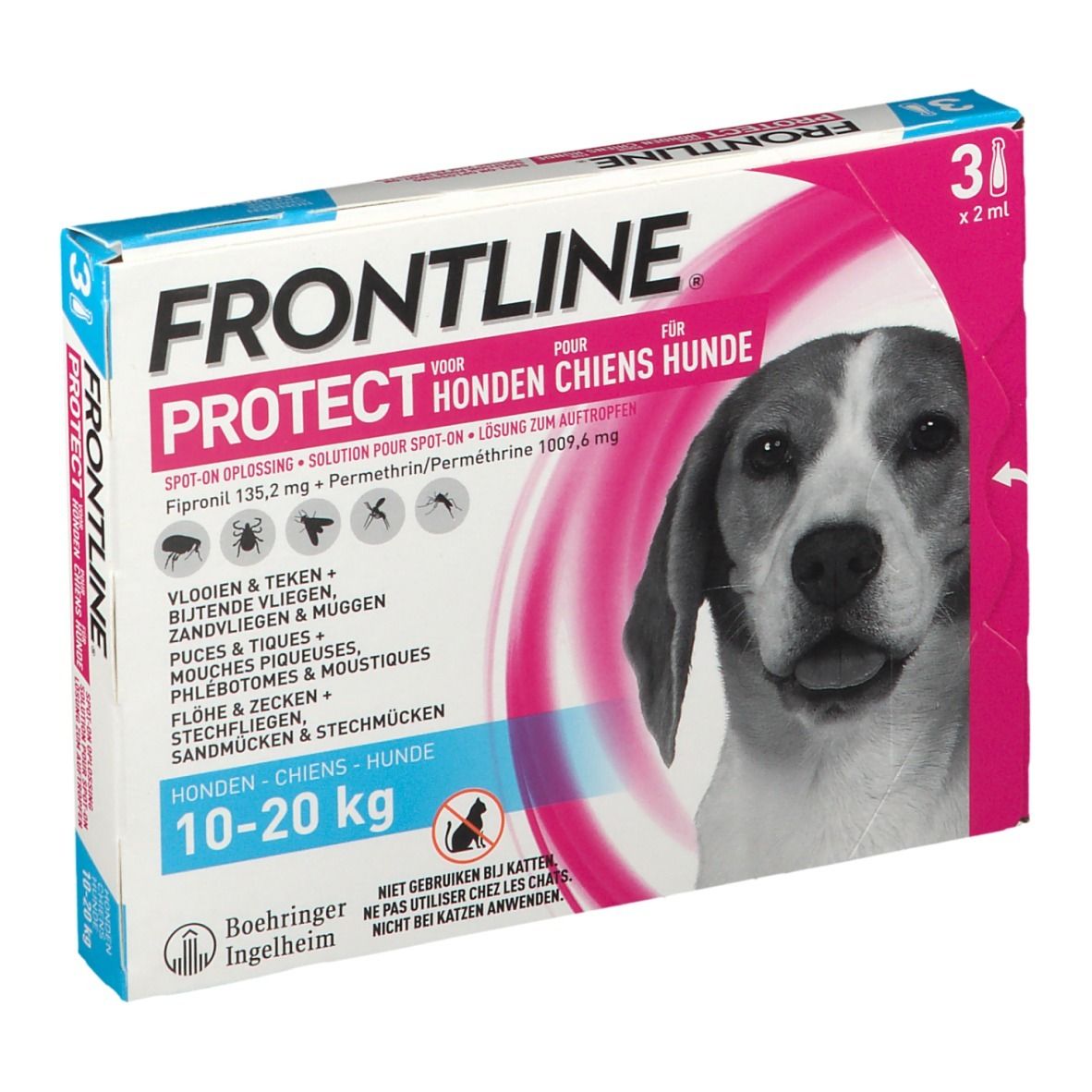 Verpakking FRONTLINE Protect voor honden. Bevat 3 pipetten. Opschrift: 10-20 kg. Afbeelding van een hond.