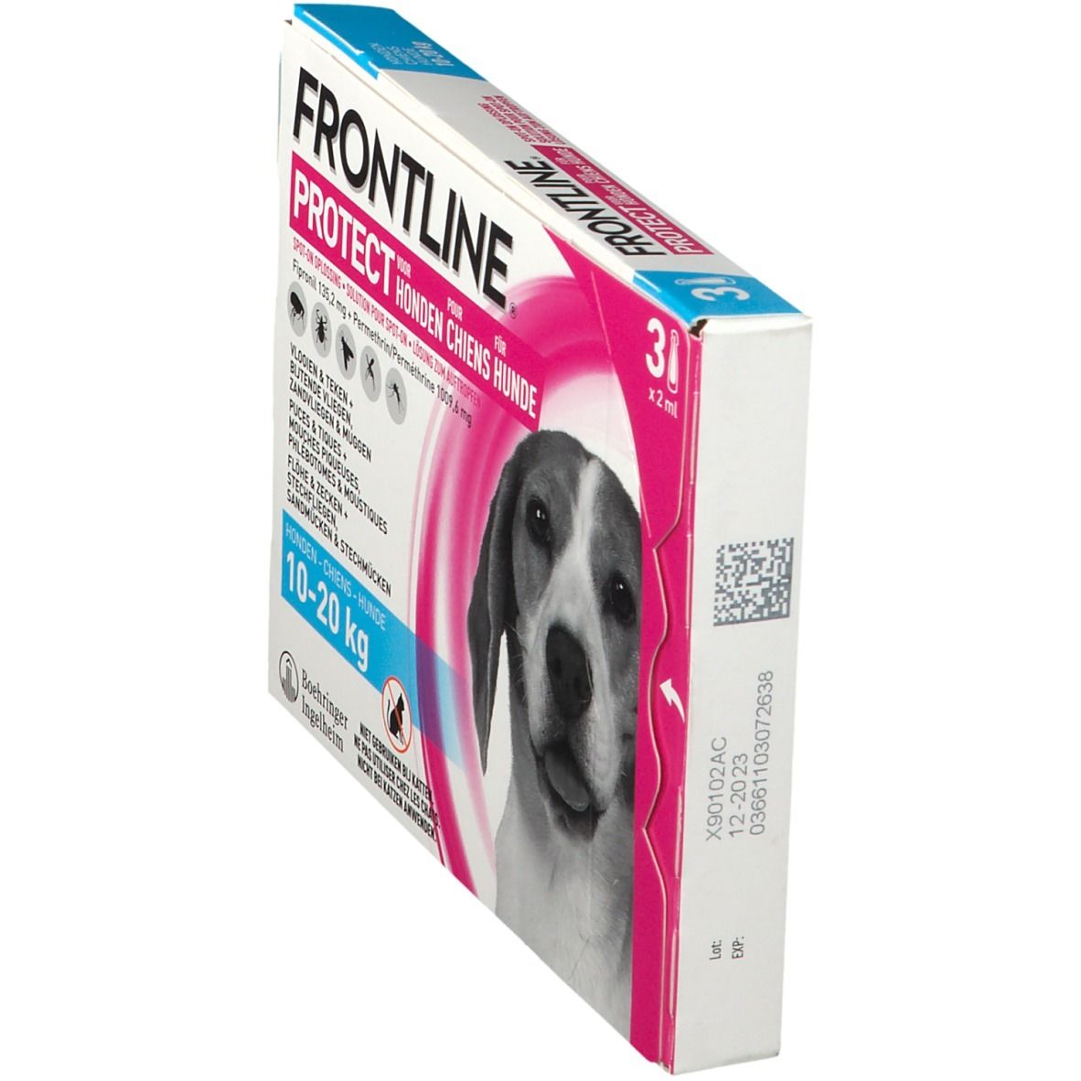 FRONTLINE Protect verpakking, zijaanzicht. Bevat 3 pipetten. Opschrift: 10-20 kg. Hond afbeelding.