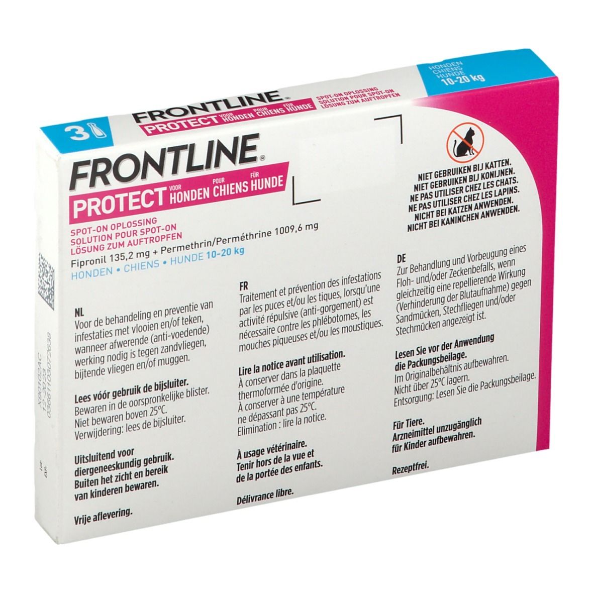 Achterkant van de FRONTLINE Protect verpakking. Bevat informatie in verschillende talen. Opschrift: 10-20 kg.
