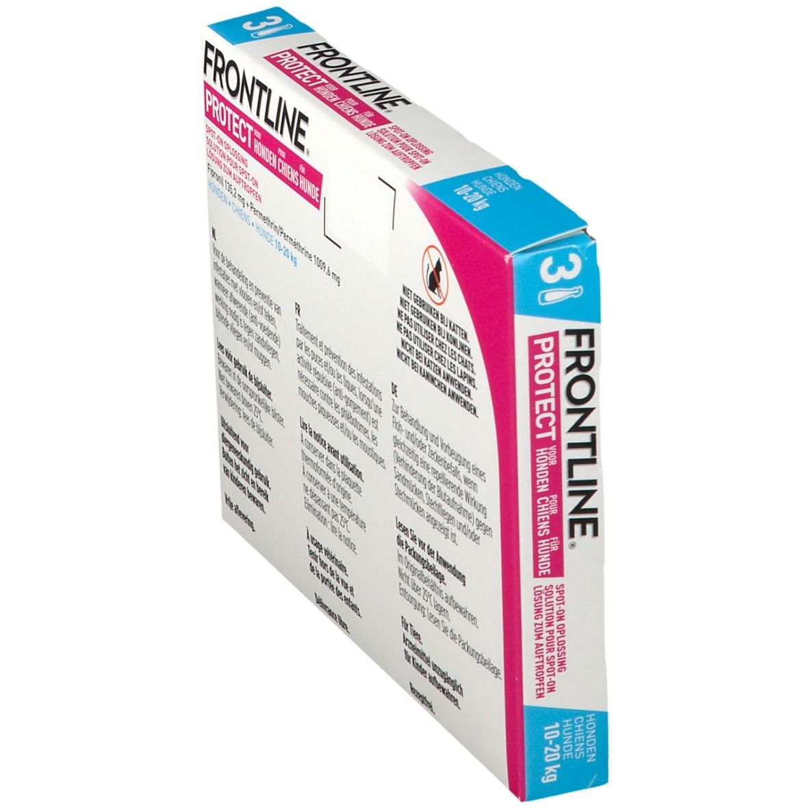 FRONTLINE Protect verpakking, zijaanzicht. Bevat informatie in verschillende talen. Opschrift: 10-20 kg.
