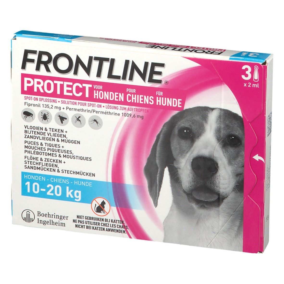 FRONTLINE Protect verpakking voor honden. Bevat 3 pipetten. Opschrift: 10-20 kg. Hond afbeelding.
