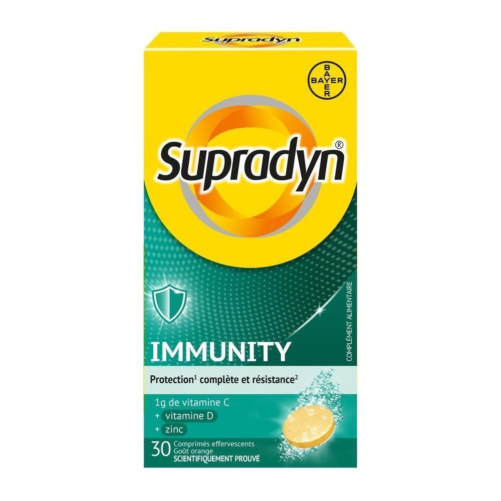 Boîte de Supradyn Immunity. Contient 30 comprimés effervescents avec vitamine C, D et zinc. Jaune et turquoise.