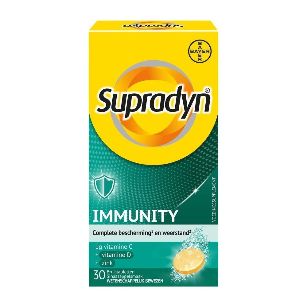 Doos Supradyn Immunity. Bevat 30 bruistabletten met vitamine C, D en zink. Geel en turquoise.