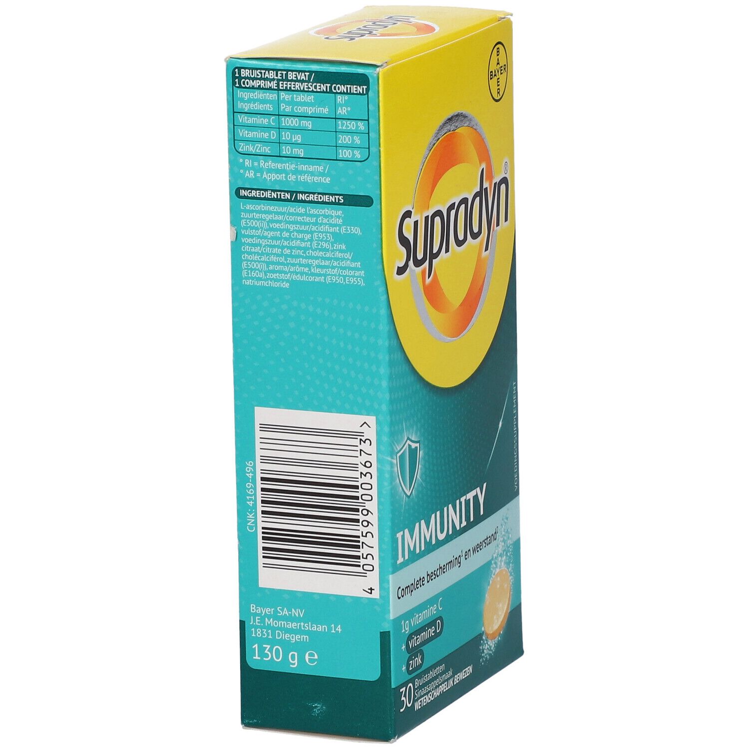Achterkant van de verpakking van Supradyn Immunity. Bevat informatie over ingrediënten en voedingswaarde. Geel en turquoise.