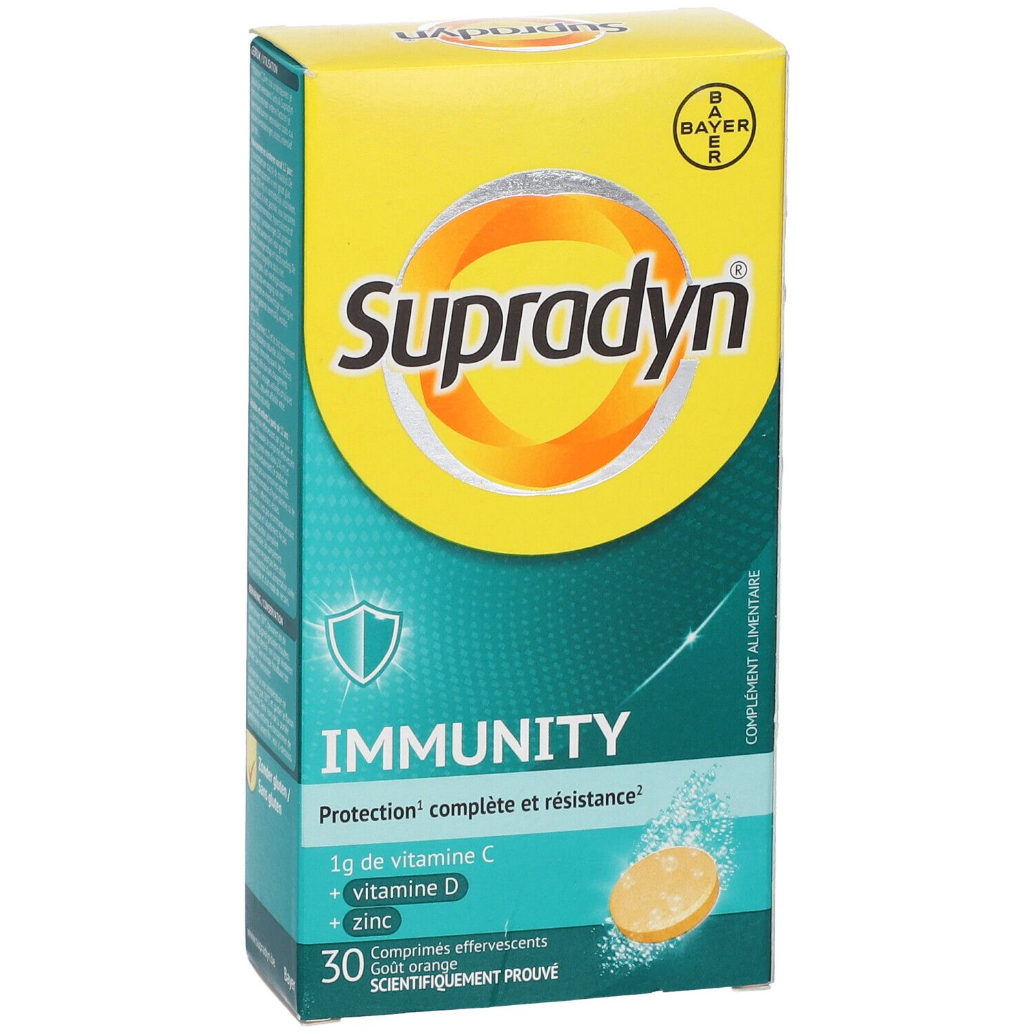 Doos Supradyn Immunity. Bevat 30 bruistabletten met vitamine C, D en zink. Geel en turquoise.