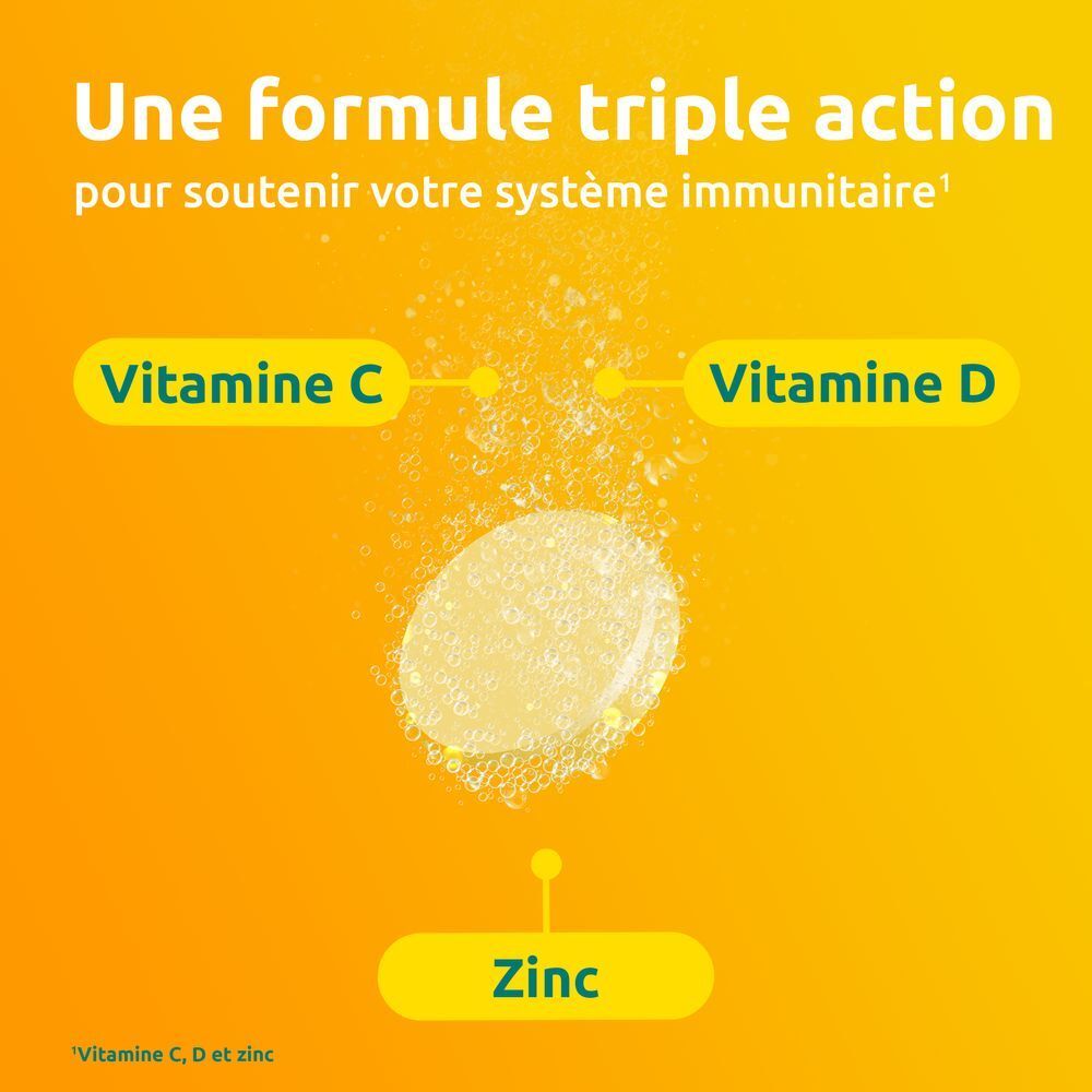 Gros plan sur la vitamine C, D et le zinc. Fond jaune.