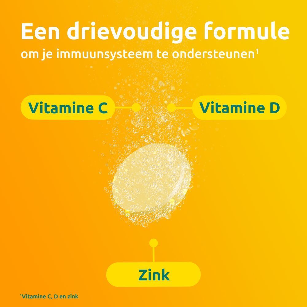 Close-up van vitamine C, D en zink. Gele achtergrond.