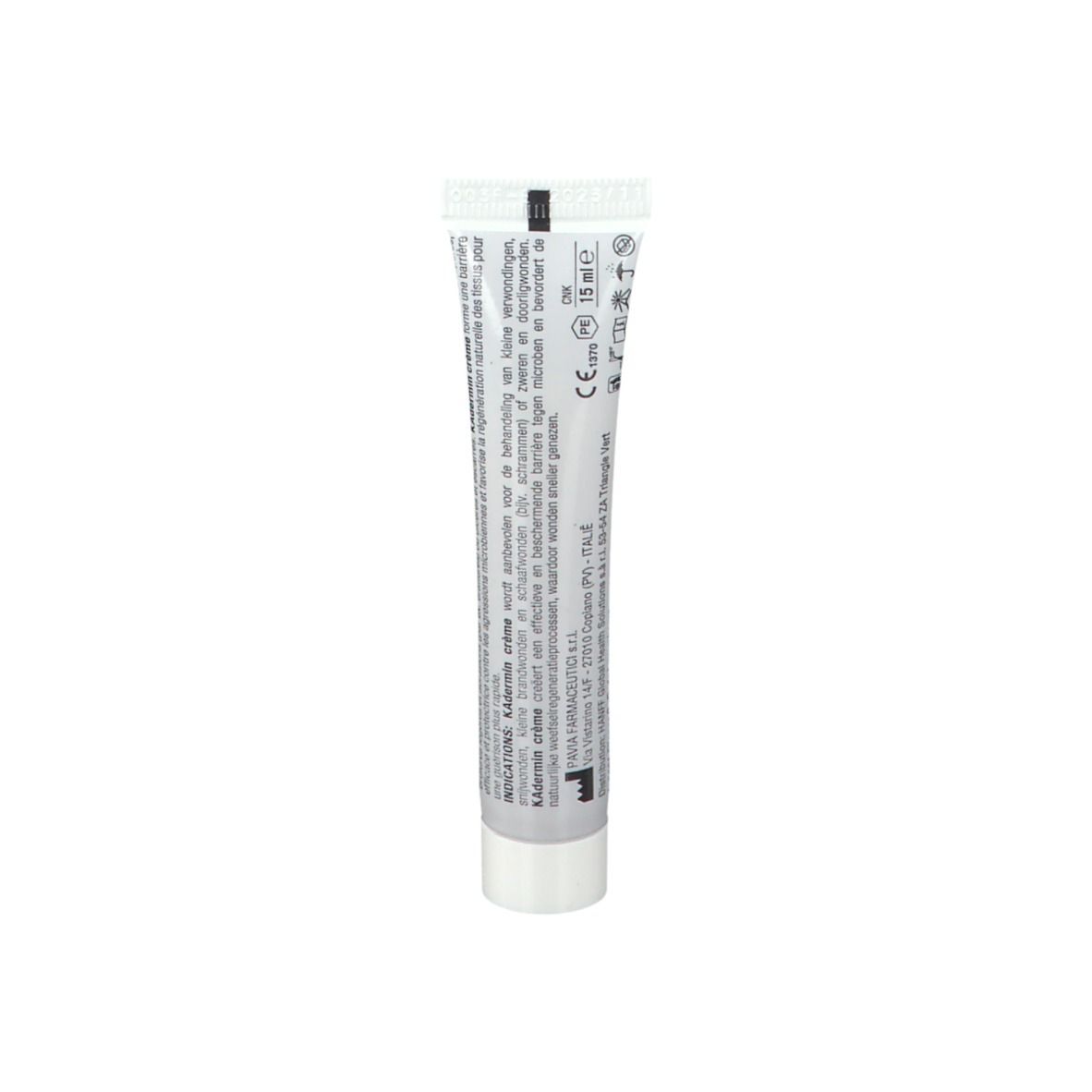 Achterkant van een crèmetube. Tekst: Kadermin Crème, gebruiksinformatie, CE-markering, 15 ml.