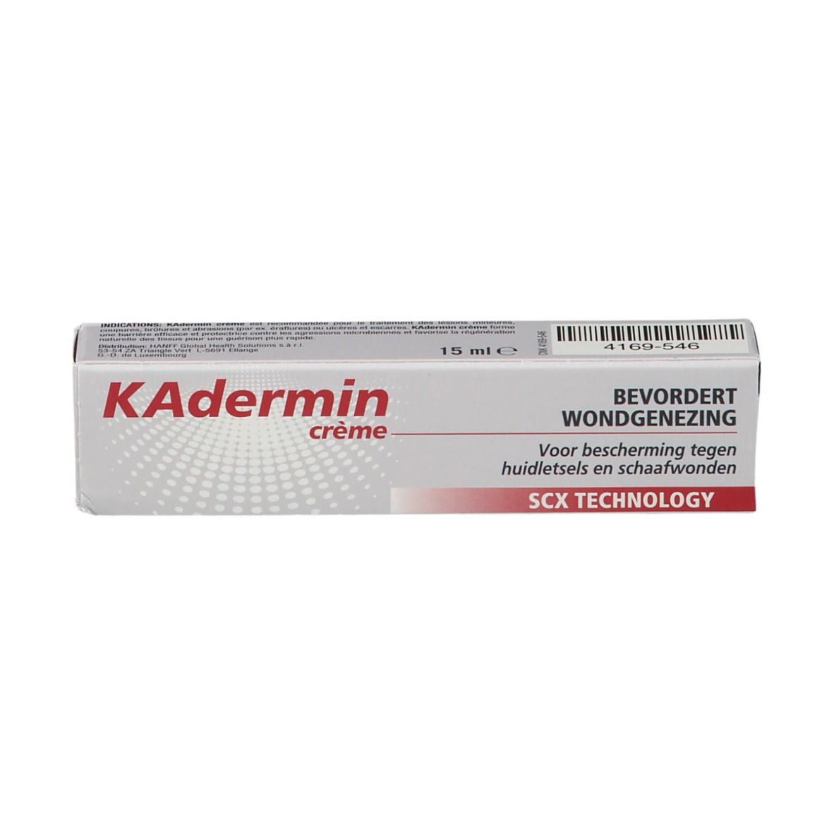 Kartonnen verpakking voor Kadermin Crème. Tekst: 15 ml, Bevordert wondgenezing, SCX TECHNOLOGY.