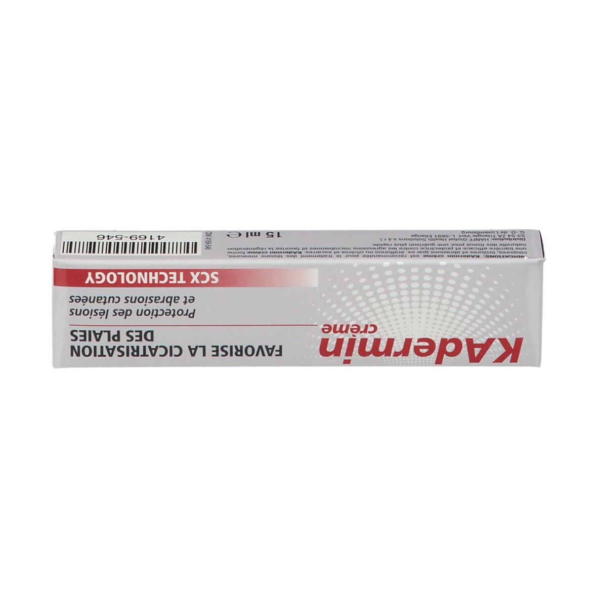 Kartonnen verpakking voor Kadermin Crème. Tekst: Favorise la cicatrisation des plaies, SCX TECHNOLOGY, 15 ml.