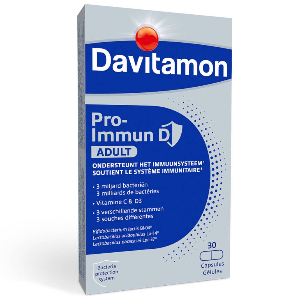 Davitamon Pro-Immun D. Verpakking met 30 capsules. Bevat vitamine C, D3 en bacteriën. Blauw en witte doos.