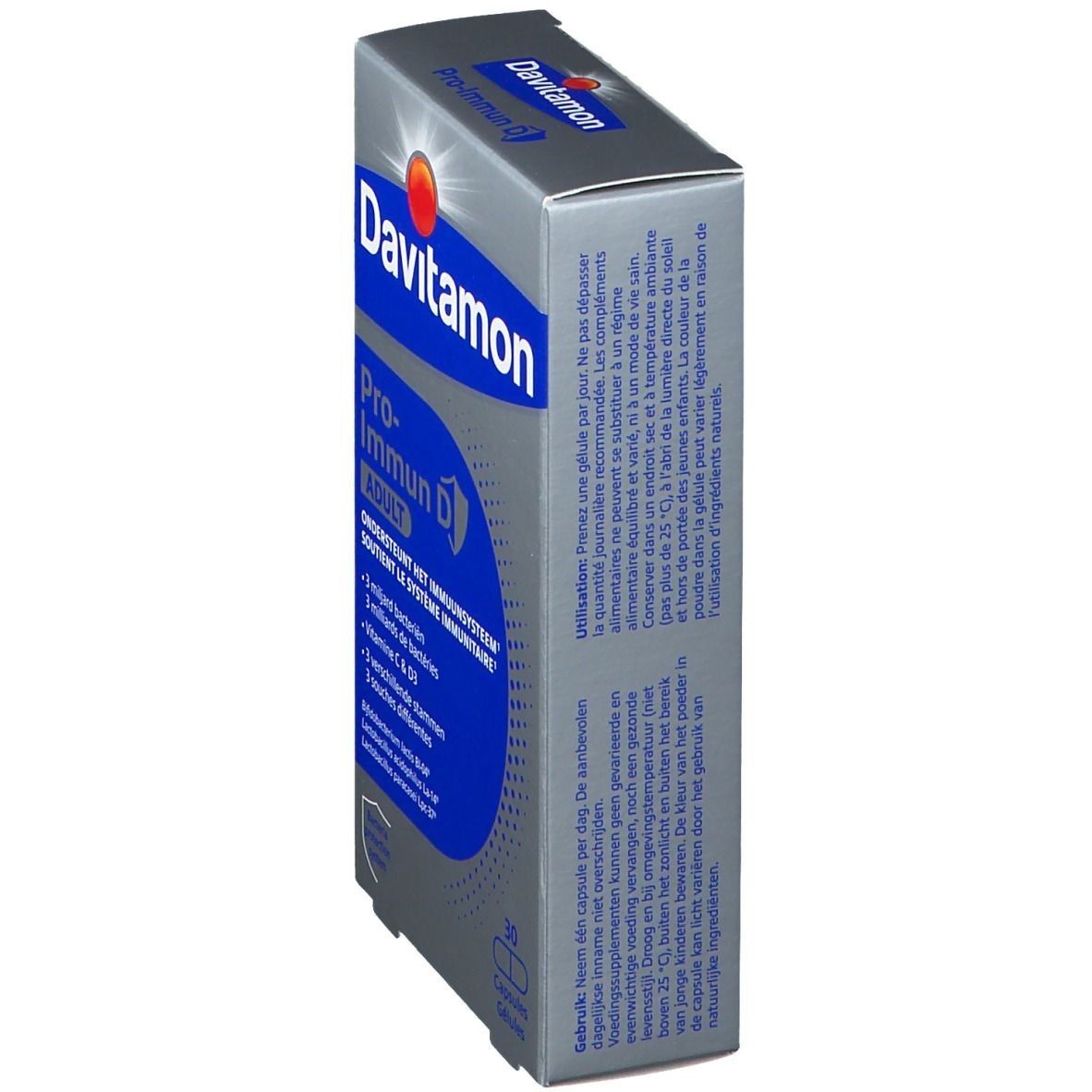 Davitamon Pro-Immun D. Schuin geplaatste verpakking. Bevat 30 capsules. Blauwe en witte doos met rode accenten.