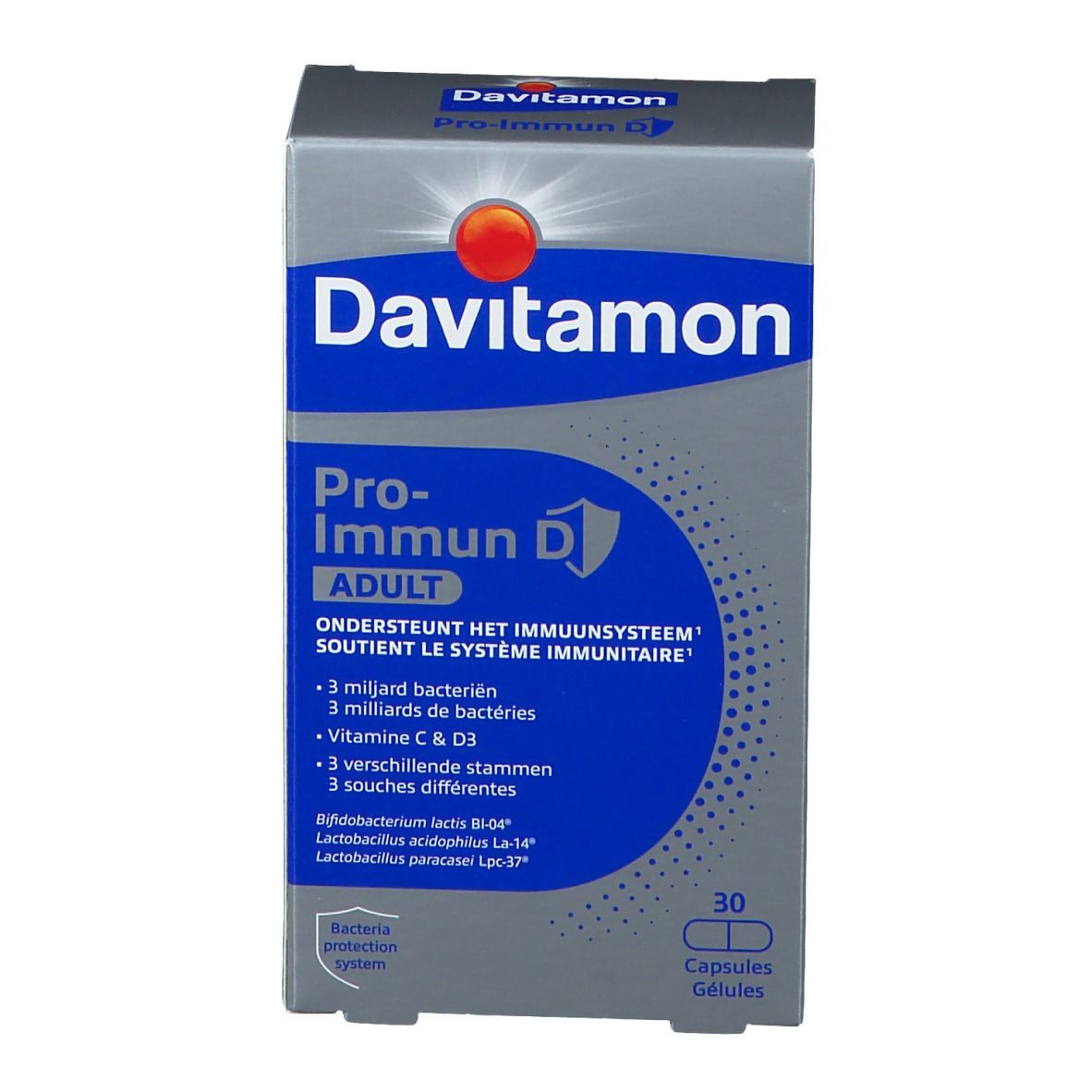Davitamon Pro-Immun D. Verpakking met 30 capsules. Bevat vitamine C, D3 en bacteriën. Blauw en witte doos.