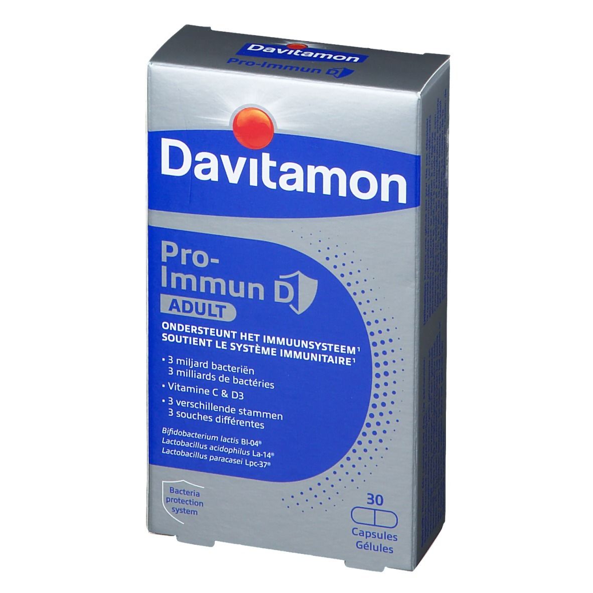 Davitamon Pro-Immun D. Verpakking met 30 capsules. Bevat vitamine C, D3 en bacteriën. Blauw en witte doos.